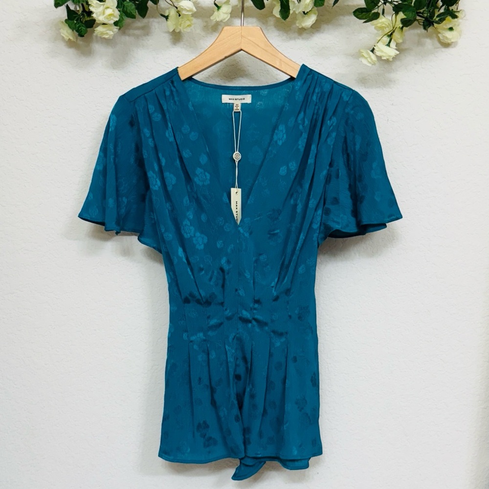 Max Studio • Teal V-Neck Blouse with Flutter Sleeves